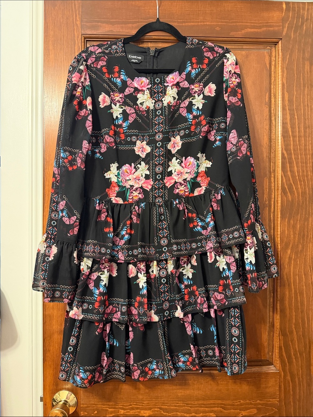 bebe Black Floral & Butterfly Tiered Long Sleeve Dress